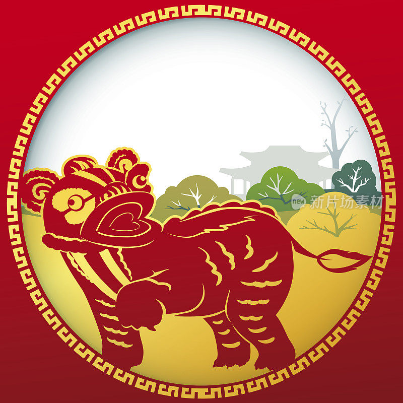 llustration of Golden Chinese lion in red and gold circle frame with temple in the background vector and illustration design